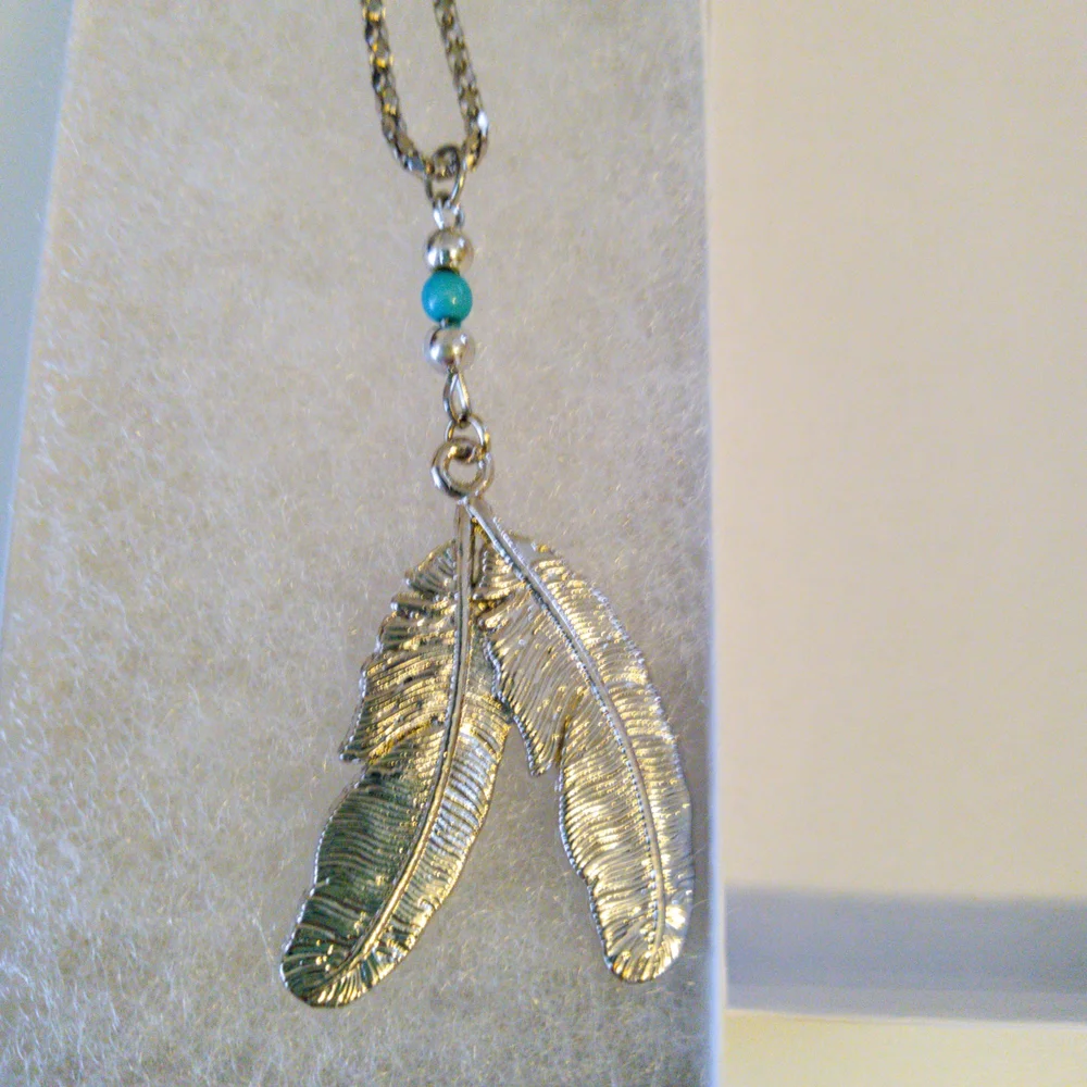 Blue and Silver Feather Pendant Necklace